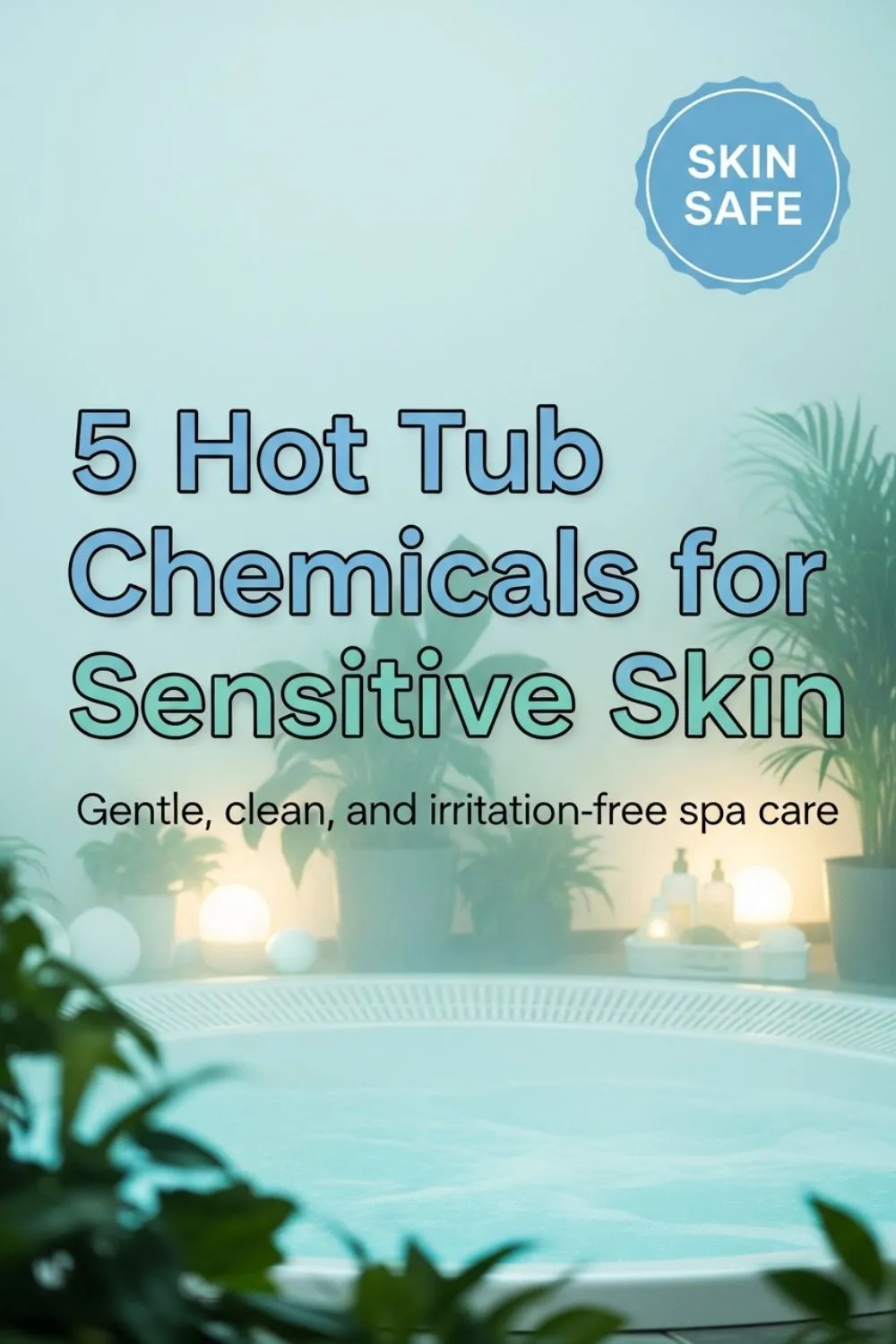 A Graphic with text “5 Hot Tub Chemicals for Sensitive Skin” over a spa scene, soft colors.