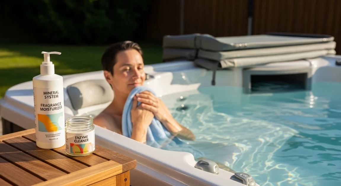 5 Best Hot Tub Chemicals for Sensitive Skin 7 A person using hot tub and hot tub maintenance products placed on a side table.