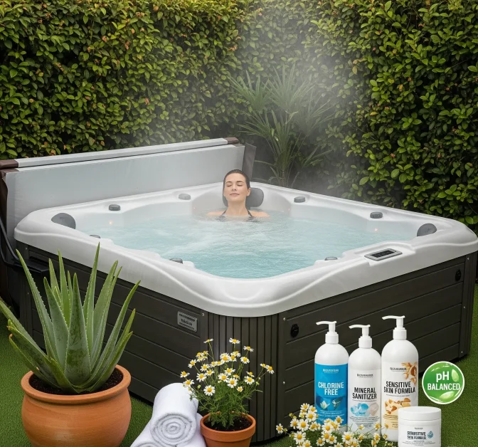 5 Best Hot Tub Chemicals for Sensitive Skin 8 Serene backyard hot tub with a person relaxing, surrounded by greenery. Labels like "Chlorine-Free," "Mineral Sanitizer," and "Sensitive Skin Formula" are visible, alongside aloe vera and chamomile, indicating a skin-friendly, spa-like setting.