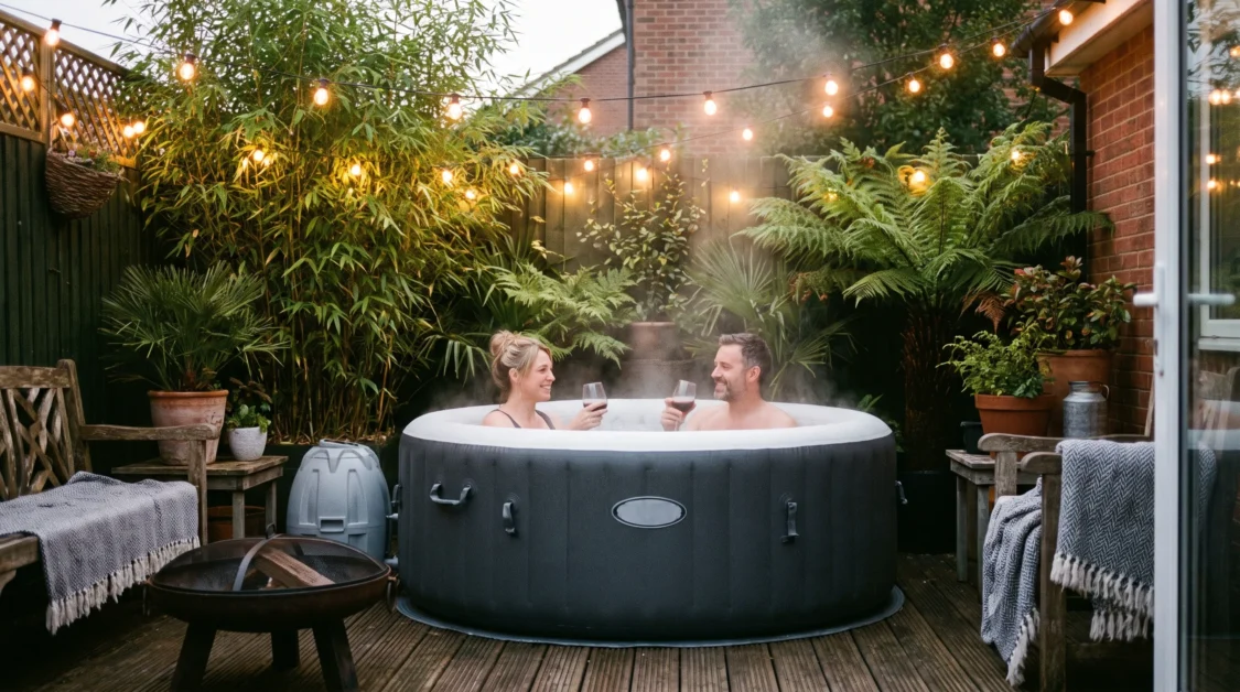 A couple relaxing in a modern inflatable hot tub on a cozy backyard patio surrounded by privacy plants and warm evening string lights.
