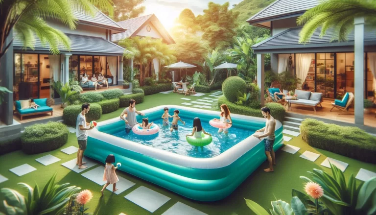 A happy family of four, including mom, dad, and two children, enjoying an inflatable pool placed in a lush green home garden. The children are playing and splashing water while the parents smile and join in the fun.