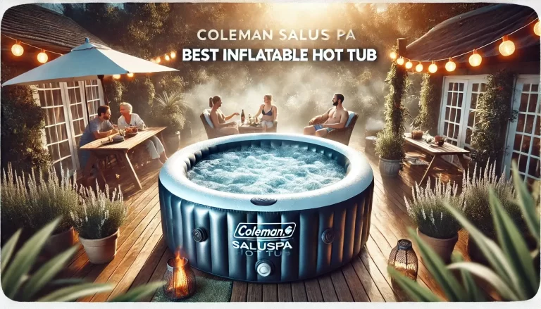 People relaxing in a Coleman SaluSpa inflatable hot tub with steam rising, set in a garden or patio.