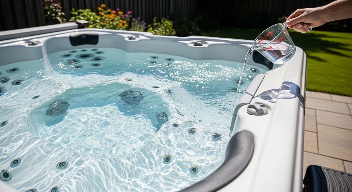 Pouring white vinegar into a clean hot tub with jets running to descale and remove mineral build-up.