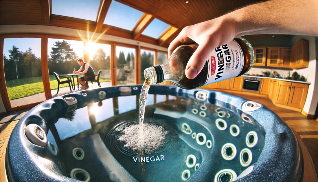 A man adding vinegar into hot tub for cleaning it 