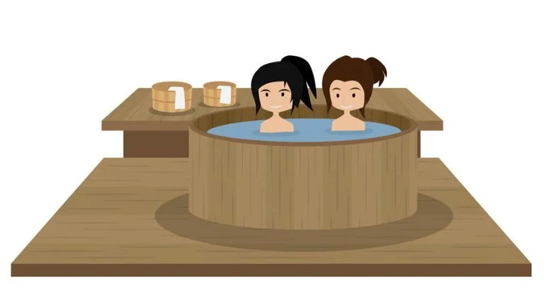 Illustration of two people in a small wooden hot tub on a wooden deck.