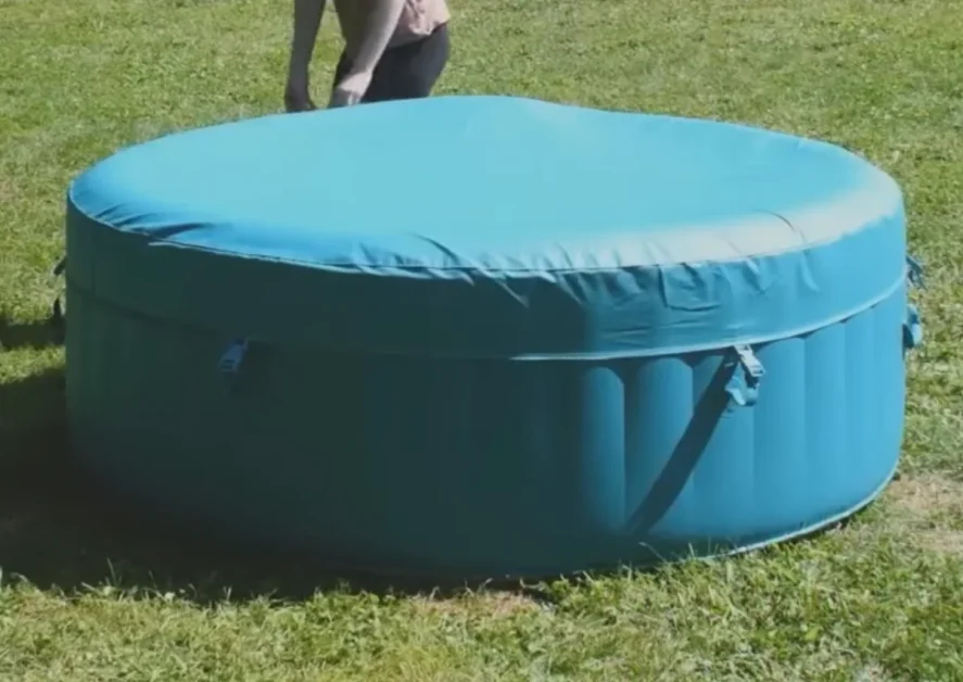 120v Hot Tub 2-Person: Affordable, Space-Saving, Relaxation<gwmw style="display:none;"></gwmw> 7 A blue color ALEKO 2-Person Inflatable Hot Tub with cover in a grassy lawn.