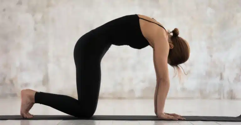 A young woman practicing Cat-Cow Pose (Marjaryasana-Bitilasana) on a mat at home.