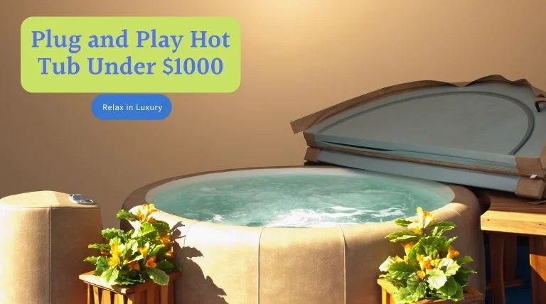 Plug and play hot tub under $1000, set up outdoors with water bubbling inside and decorative plants around it.