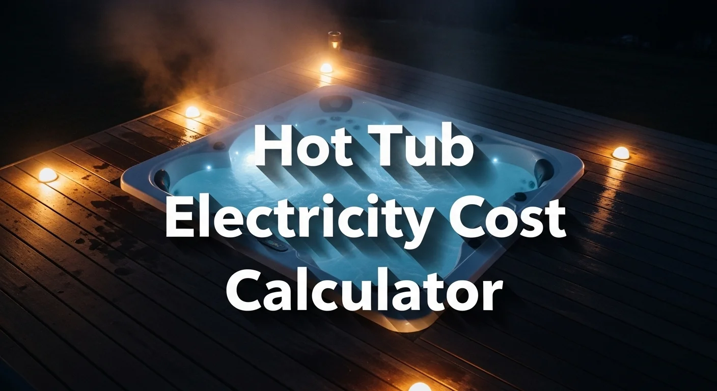 Steaming hot tub on wooden deck at night, glowing lights, bold shadowed text “Hot Tub Electricity Cost Calculator” centered.