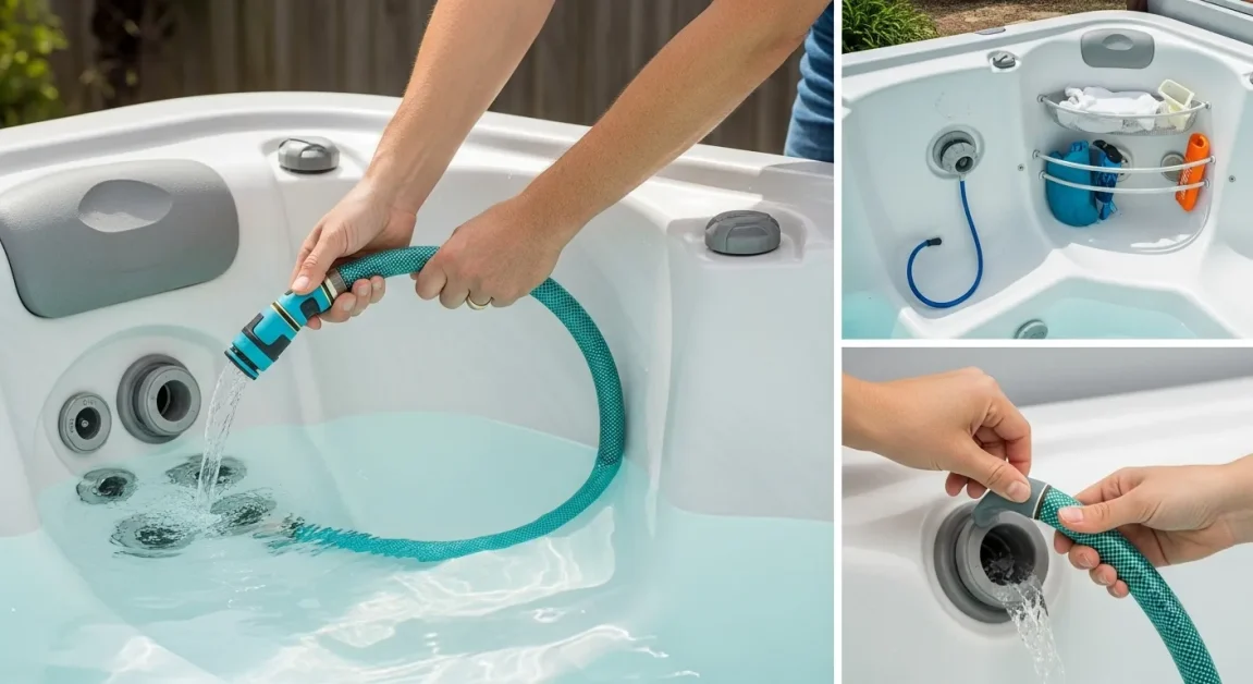 How to Drain Your Hot Tub Fast: Use a Pump, Hose and Tips for Quick Results 2 Person draining a hot tub using a garden hose connected to the bottom drain valve.