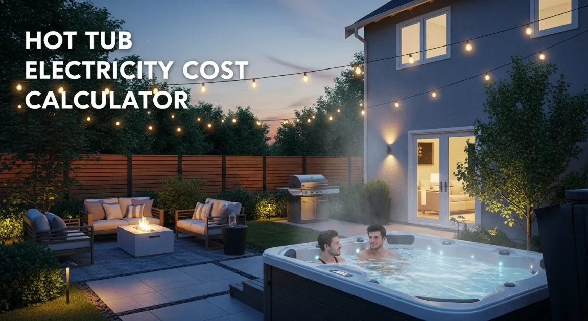Cozy backyard hot tub at dusk with steam rising, couple relaxing, bold text “Hot Tub Electricity Cost Calculator” in corner.