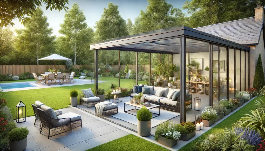 A cozy patio enclosure with glass windows and sliding doors, offering protection and comfort for year-round use.