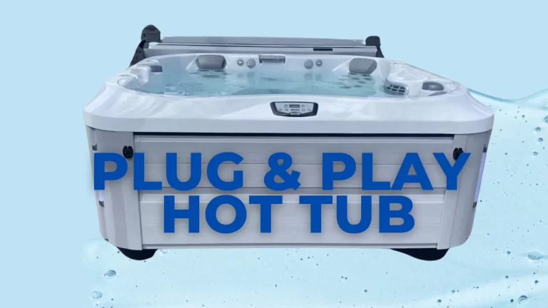 A white color Plug and Play Hot Tub with text on it.