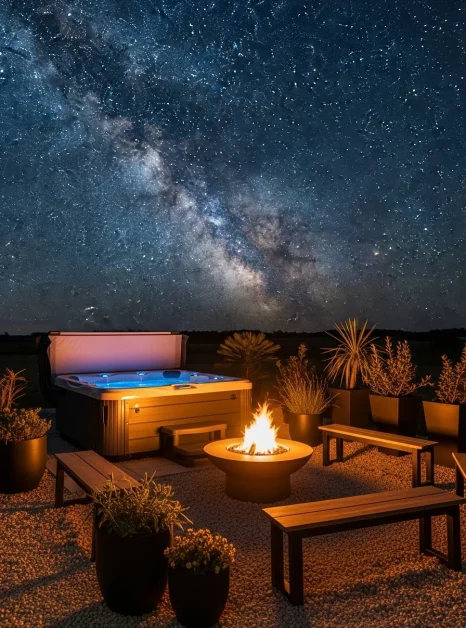 Hot Tub Landscaping Ideas to Create a Backyard Oasis 4 Hot tub with fire pit, gravel, plants, starry night