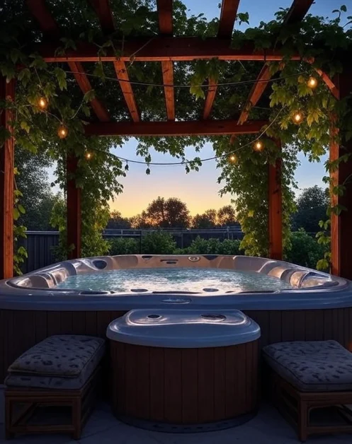 Hot Tub Landscaping Ideas to Create a Backyard Oasis 2 Hot tub under pergola with vines, string lights, sunset glow