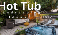 A photo realistic image of a backyard with a hot tub and a bar with text overlayed on it.