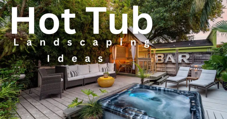 A photo realistic image of a backyard with a hot tub and a bar with text overlayed on it.