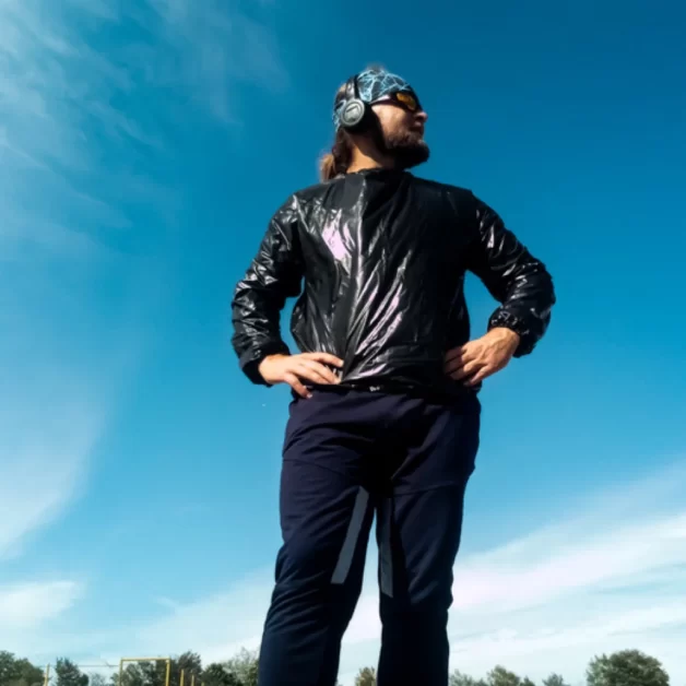 A man is wearing a black sauna suit while on a running track in the morning.