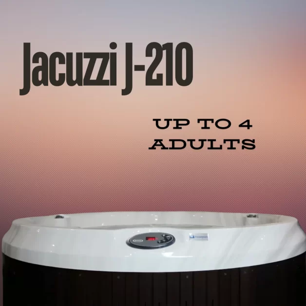 A Jacuzzi J-210 plug and play hot tub with text.