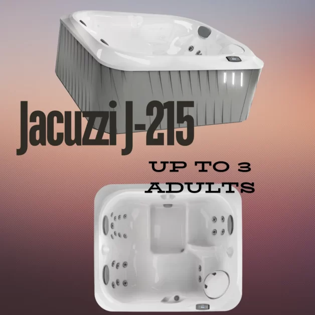 A Jacuzzi J-215 plug n play hot tub with text.