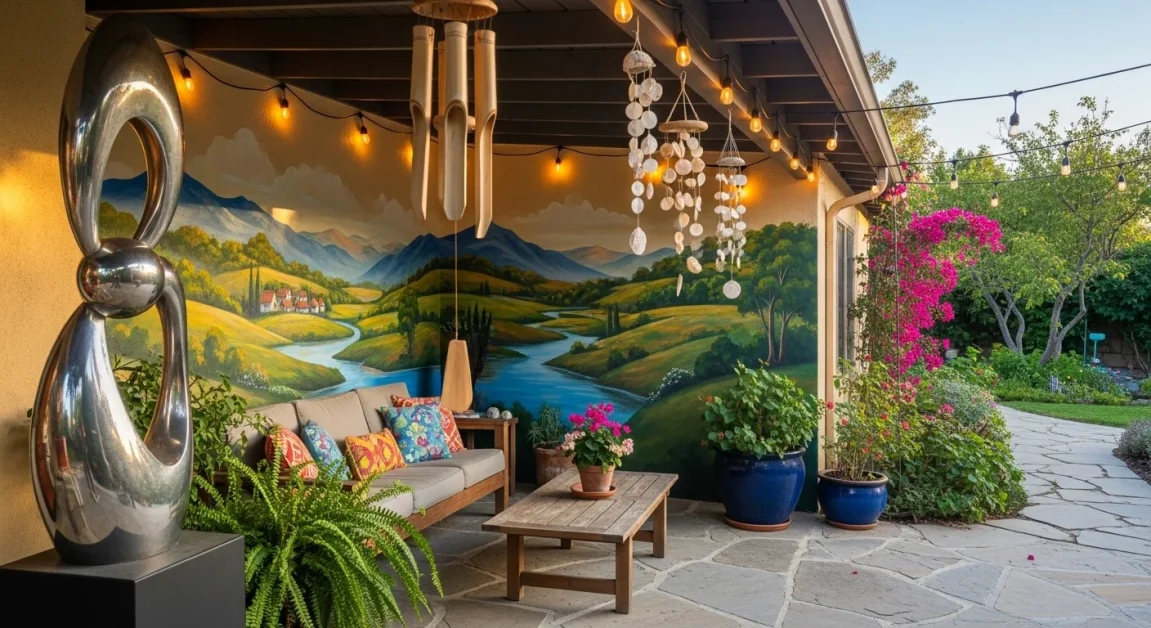 Patio with a mural sculpture and wind chimes by hottubpatio 1
