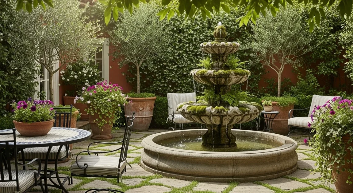 Patio with a stone fountain and greenery by hottubpatio sagheer 1