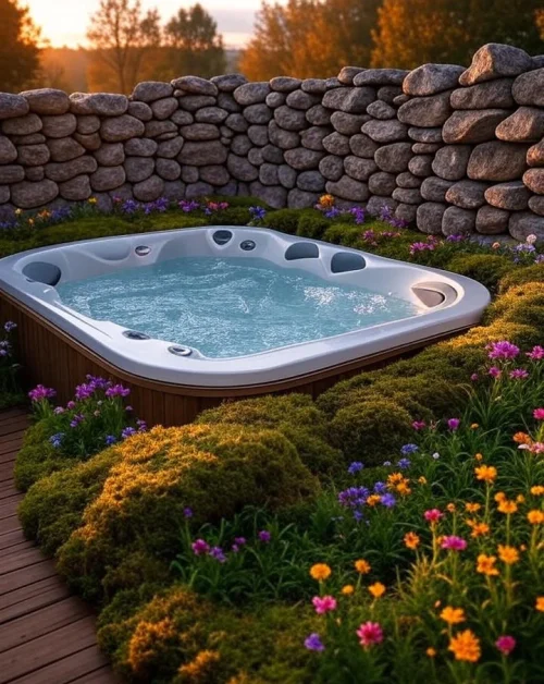 Hot Tub Landscaping Ideas to Create a Backyard Oasis 1 Hot tub with rustic stone wall and moss, wooden deck, evening light