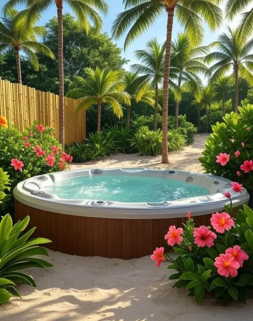 Hot Tub Landscaping Ideas to Create a Backyard Oasis 5 Hot tub in tropical setting with palms, hibiscus, daylight