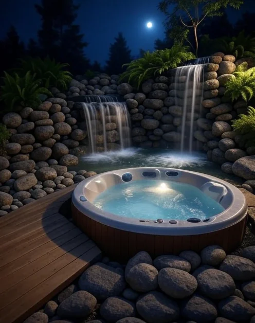 Hot Tub Landscaping Ideas to Create a Backyard Oasis 3 Hot tub with small water feature, stones, ferns, night view.