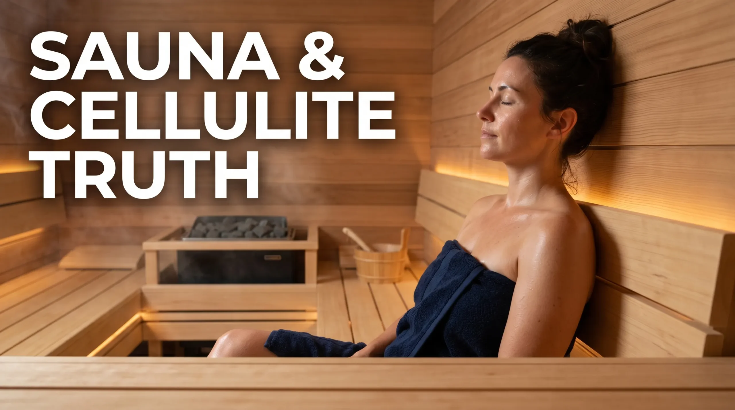 Woman relaxing in a home sauna with glowing skin and bold text about cellulite results
