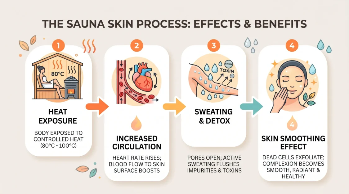 Infographic showing sauna heat increasing circulation sweating and smoothing skin