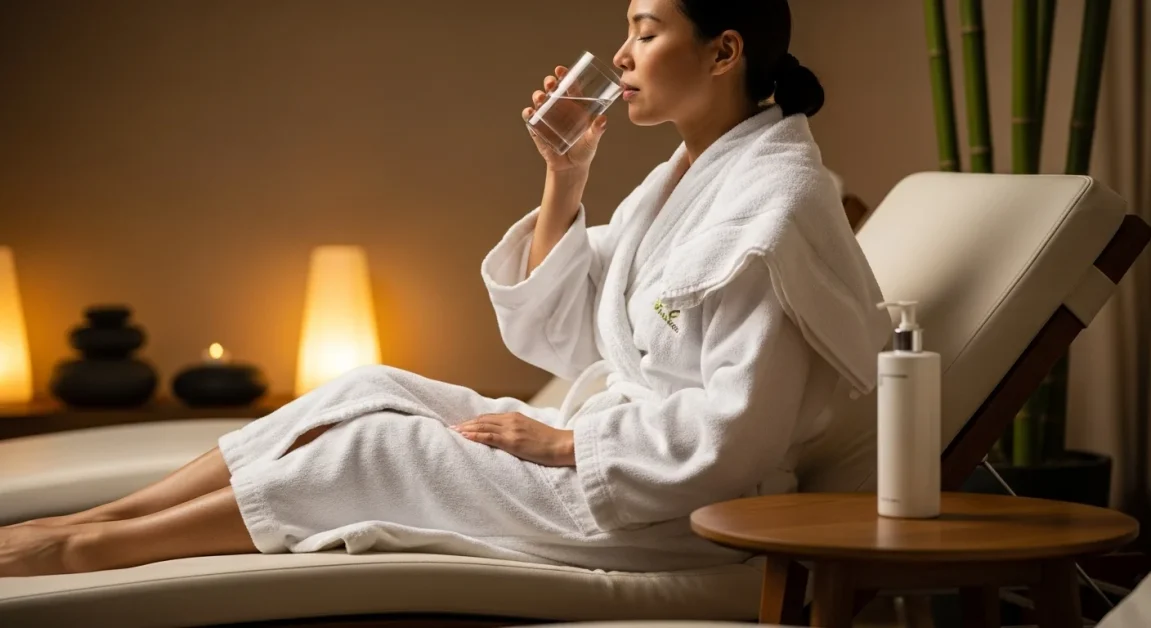 How To Dress For The Sauna: <gwmw style="display:none;"></gwmw> 5 Person relaxing after a sauna in a white bathrobe, sipping water, with a towel and moisturizer nearby in a calming spa environment.