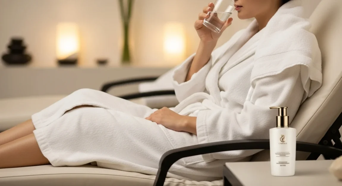 How To Dress For The Sauna: <gwmw style="display:none;"></gwmw> 7 Person relaxing after a sauna in a white bathrobe, sipping water.