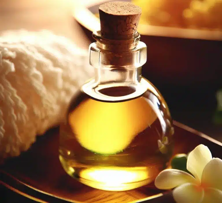 A glass bottle filled with a golden liquid, sealed with a cork, sits on a wooden surface next to a white flower.