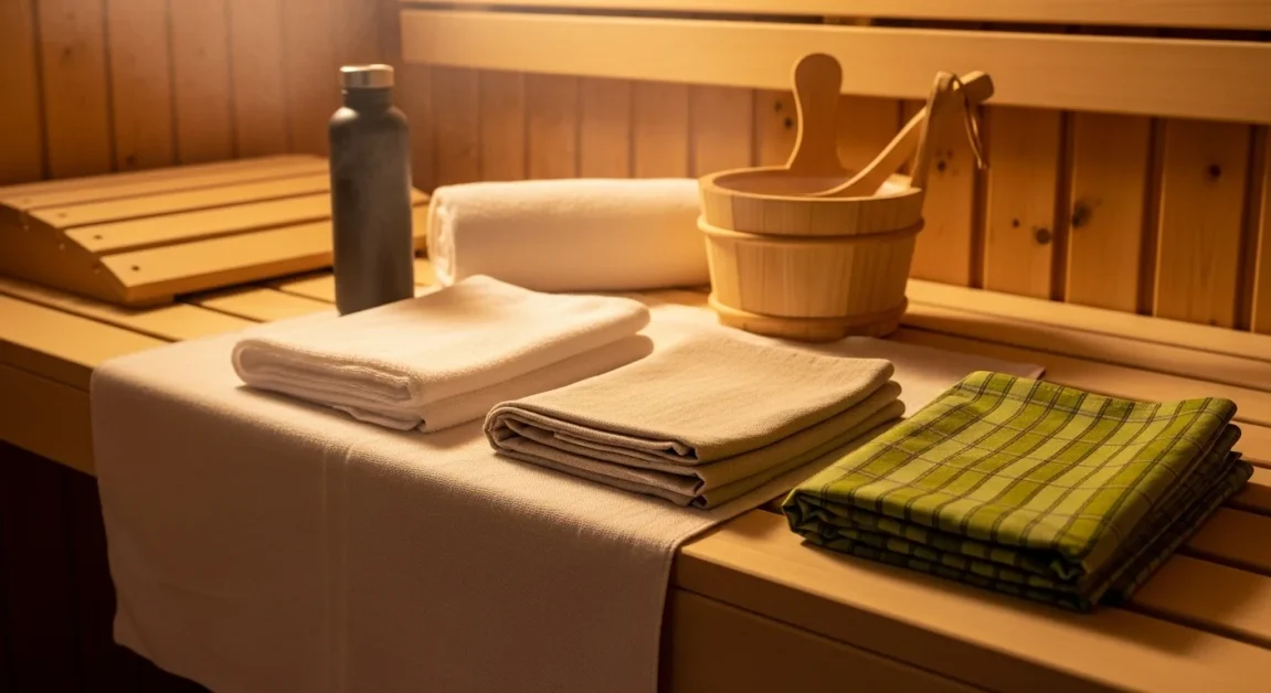 How To Dress For The Sauna: <gwmw style="display:none;"></gwmw> 1 Folded cotton, linen, and bamboo sauna clothing on a wooden bench with a towel, water bottle, and sauna bucket in a warm, steamy setting.