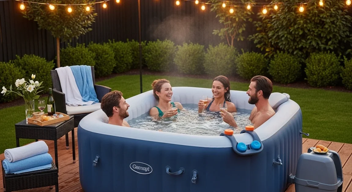 5 Ways To Make The Most of Your Costco Inflatable Jacuzzi 2 A cozy, well-lit backyard at dusk with string lights overhead. A modern inflatable hot tub (blue or gray) sits on a wooden deck, filled with clear, steaming water.