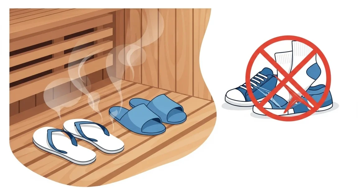 How To Dress For The Sauna: <gwmw style="display:none;"></gwmw> 3 Illustration of a sauna floor with flip-flops and rubber slippers, symbolizing proper sauna footwear. Crossed-out sneakers and socks highlight items to avoid. Warm wood tones and soft steam create a serene backdrop.