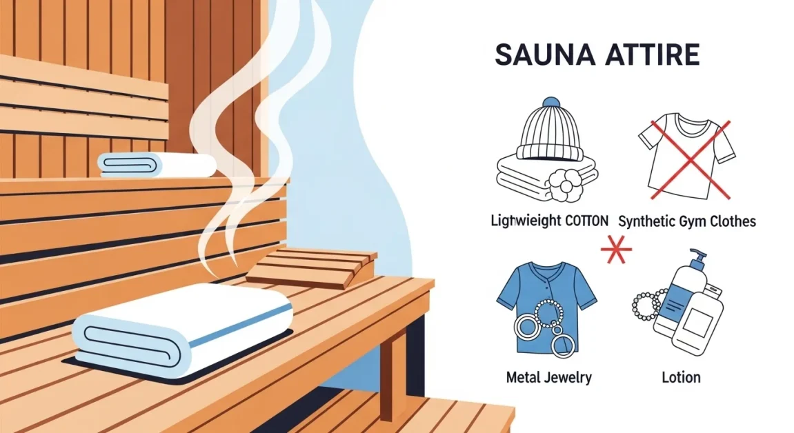 How To Dress For The Sauna: <gwmw style="display:none;"></gwmw> 2 Illustration of a cozy sauna with a wooden bench and rising steam. A folded cotton towel, lightweight cotton clothing, and a sauna hat are neatly placed in one corner, symbolizing proper sauna attire. In another corner, a pile of synthetic gym clothes, metal jewelry, and a lotion bottle are crossed out, indicating items to avoid. The scene uses warm wood tones, whites, and blues for a relaxing vibe.
