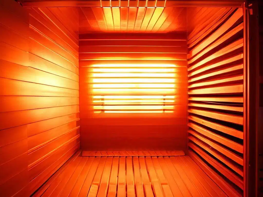  A sauna room with wooden benches and walls, a basket of rocks, and a frosted glass door.