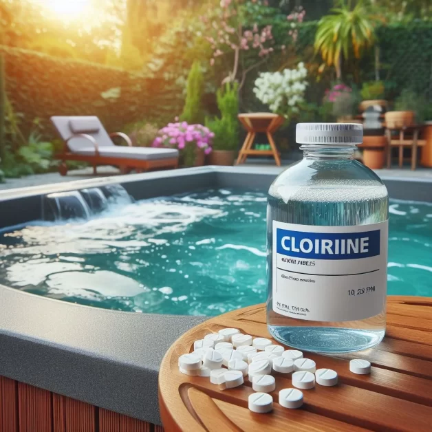 a very clear hot tub water in a home garden and Clorine tablets placed on side of a table
