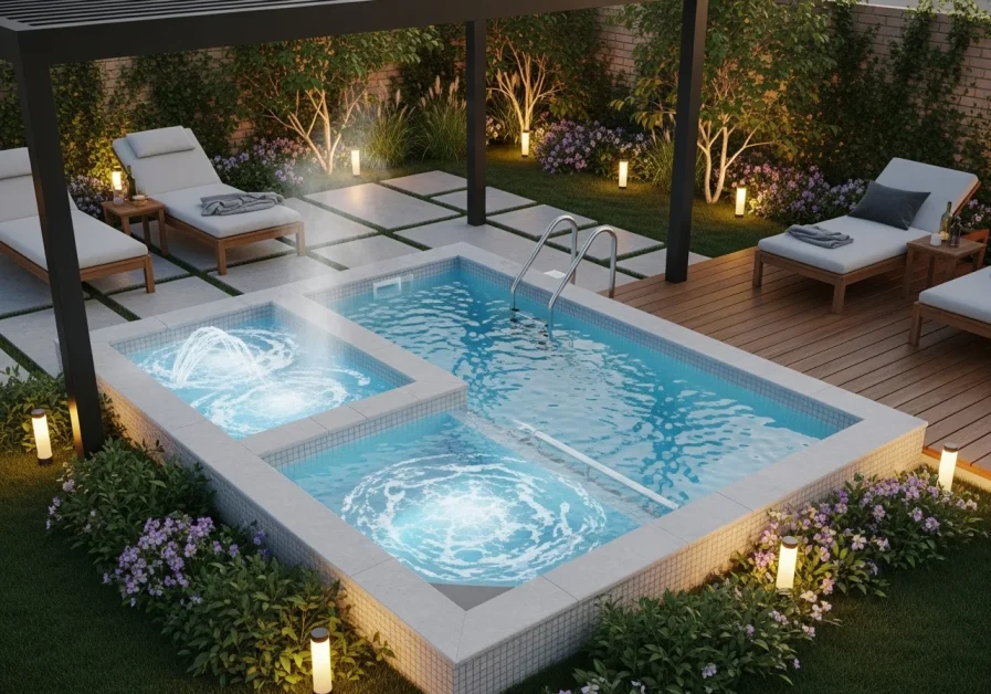Backyard plunge pool hot tub combo with hot and cool zones, wooden deck, and lounge chairs in a cozy outdoor setting.