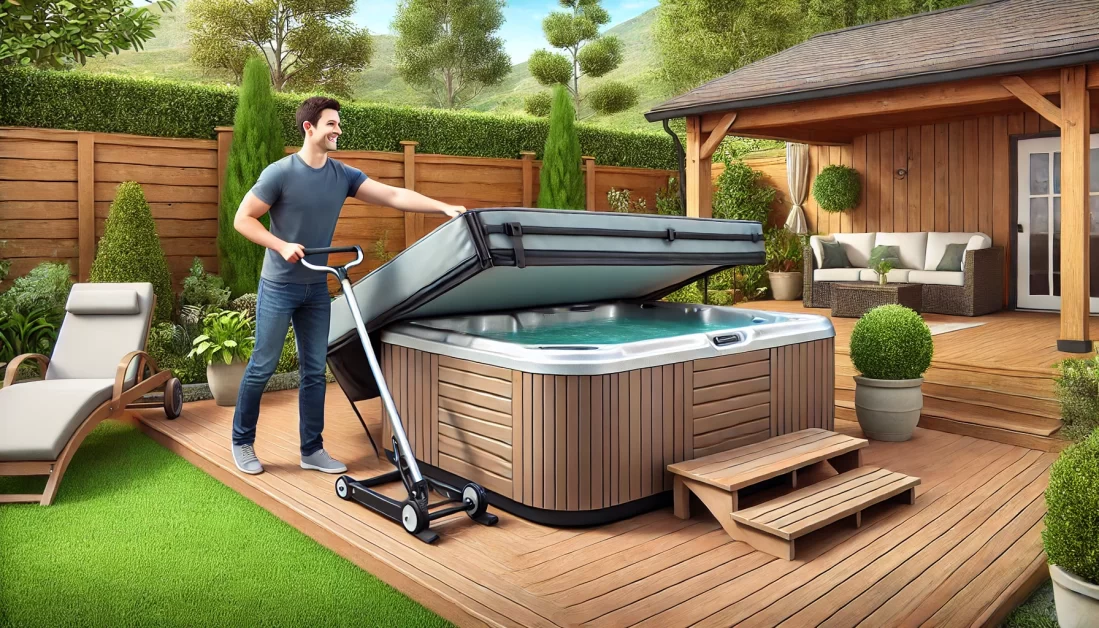 A person easily lifting a hot tub cover using a cover lifter in a backyard with a well-maintained garden and a wooden deck. The person looks relaxed and happy, with a clear sky in the background.