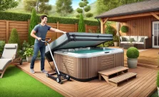 A person easily lifting a hot tub cover using a cover lifter in a backyard with a well-maintained garden and a wooden deck. The person looks relaxed and happy, with a clear sky in the background.