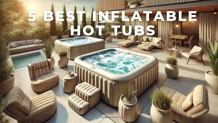 two inflatable hot tub in a open lawn with text 5 Best Inflatable Hot Tubs on it.