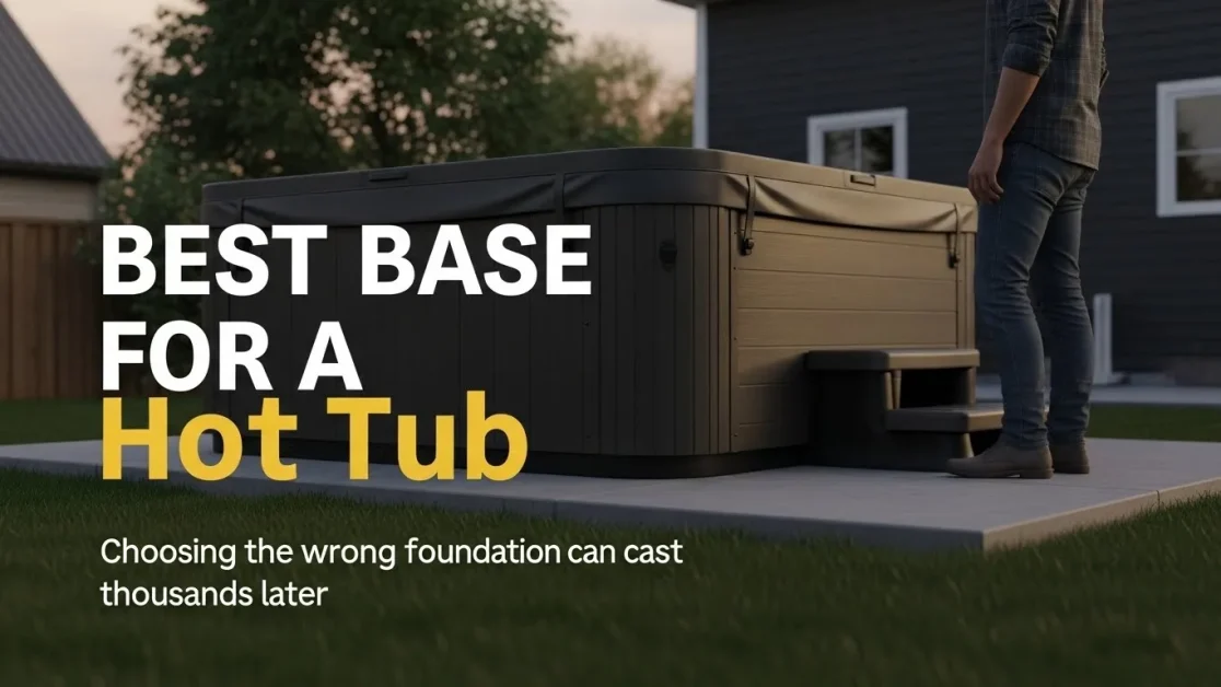 Best Base For Hot Tub: 2 A homeowner beside a hot tub installed on a concrete pad, with large title text “Best Base for a Hot Tub” and a subtitle warning about choosing the wrong foundation.