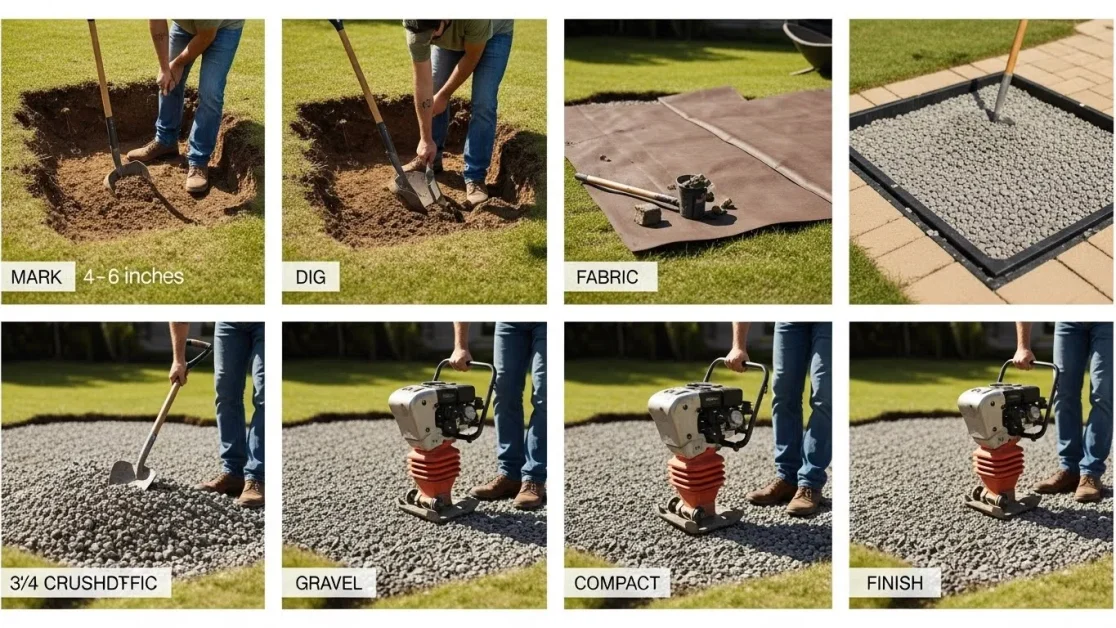 Best Base For Hot Tub: 14 step-by-step collage showing the process of building a gravel base for a hot tub. Use 4 to 6 panels arranged cleanly with soft borders.