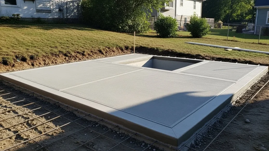 Best Base For Hot Tub: 3 A newly finished concrete pad in a backyard, showing 4–6 inch thickness and a smooth, level surface prepared for a hot tub installation.