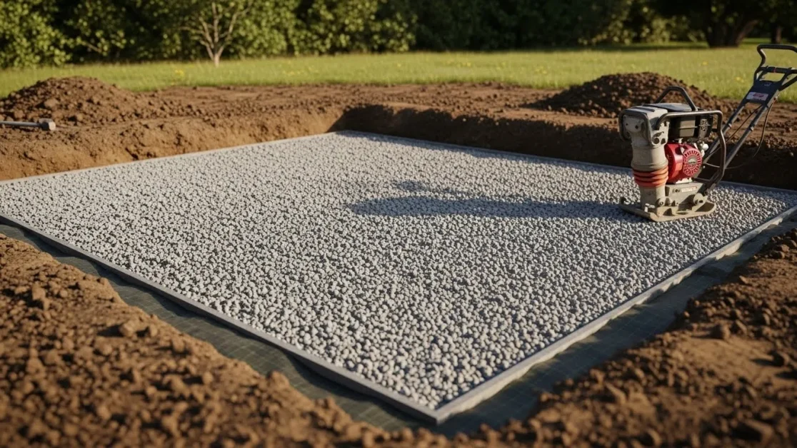 Best Base For Hot Tub: 4 A level gravel base made from ¾-inch crushed stone, compacted over landscape fabric and prepared for a hot tub installation.