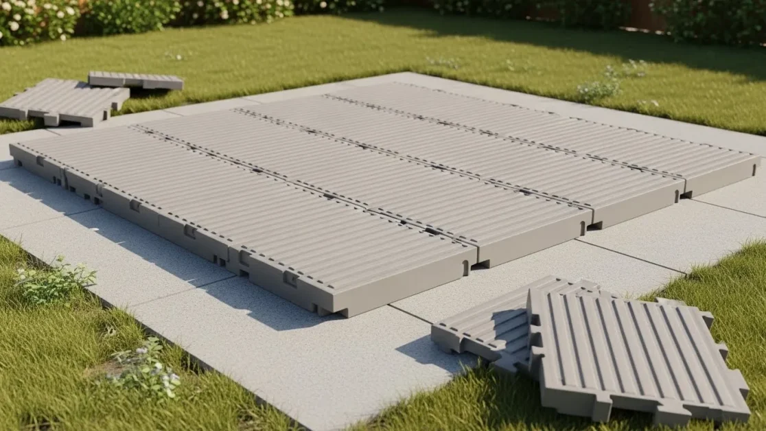 Best Base For Hot Tub: 5 Interlocking prefabricated spa pads snapped together on a compacted surface, forming a level base for a portable or inflatable hot tub.