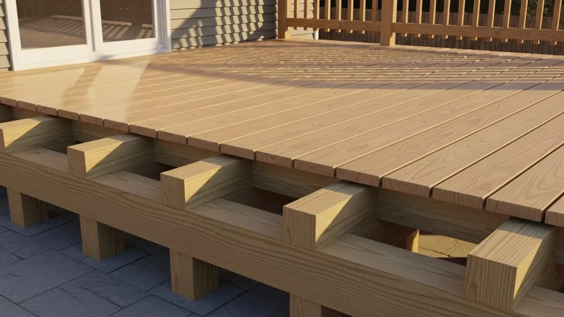 Best Base For Hot Tub: 6 A reinforced wooden deck with doubled support beams and 12-inch joist spacing, built to safely support the weight of a hot tub.